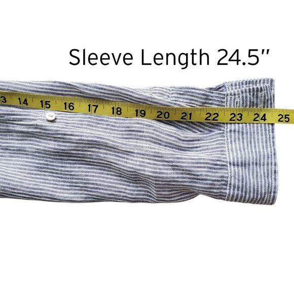 TAHARI 100% Linen Long Button Down Shirt Steel Blue and White Stripes Size L - Picture 14 of 15